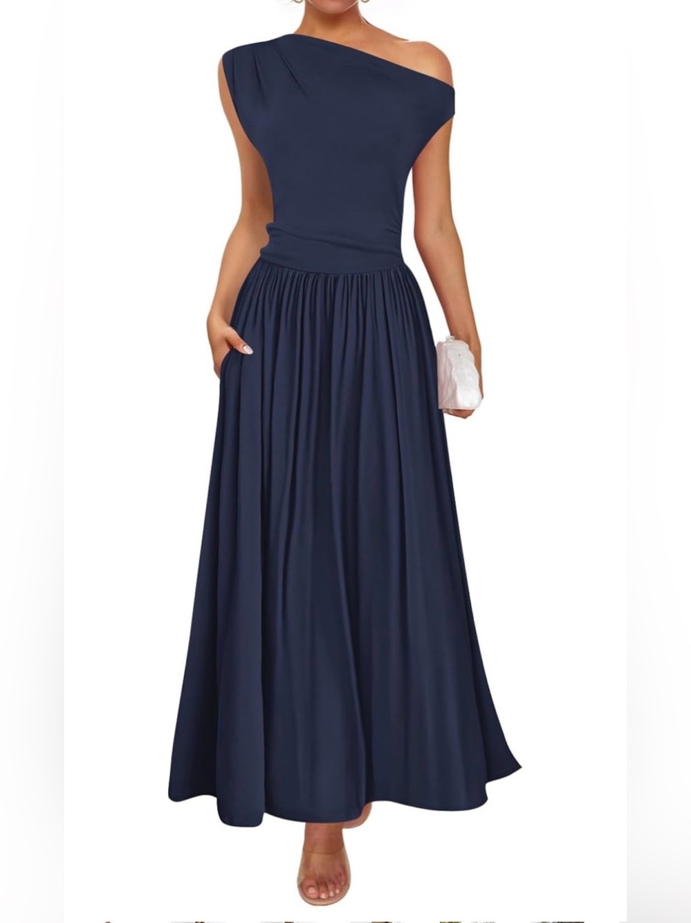 NWT One Shoulder Navy Blue Maxi Dress w/Pockets Drop Waist Size M